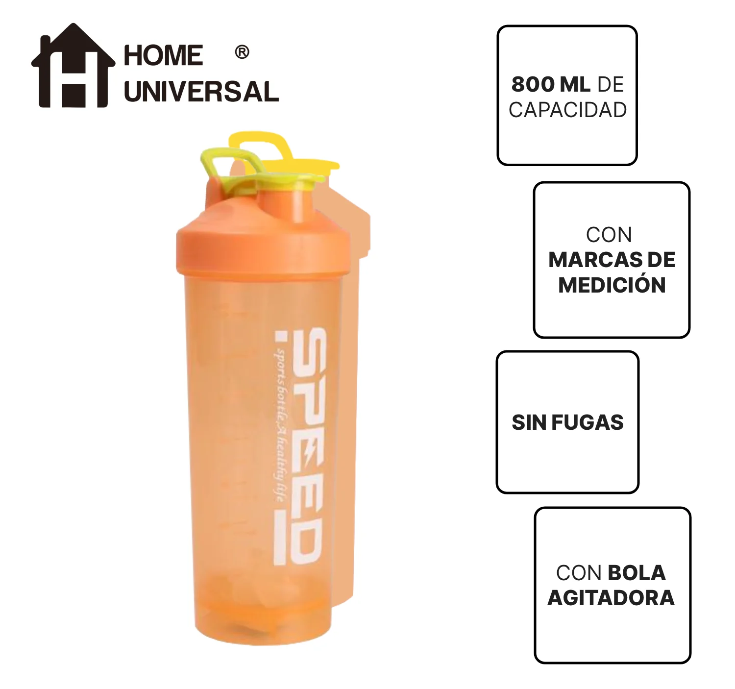 Home Universal®Botella Shaker 800ml con Mixball – Agitadora para Proteínas en Polvo, Sin Fugas, Plástico Resistente con Tapa – Ideal para Fitness, Gimnasio y Deportes - Imagen 6