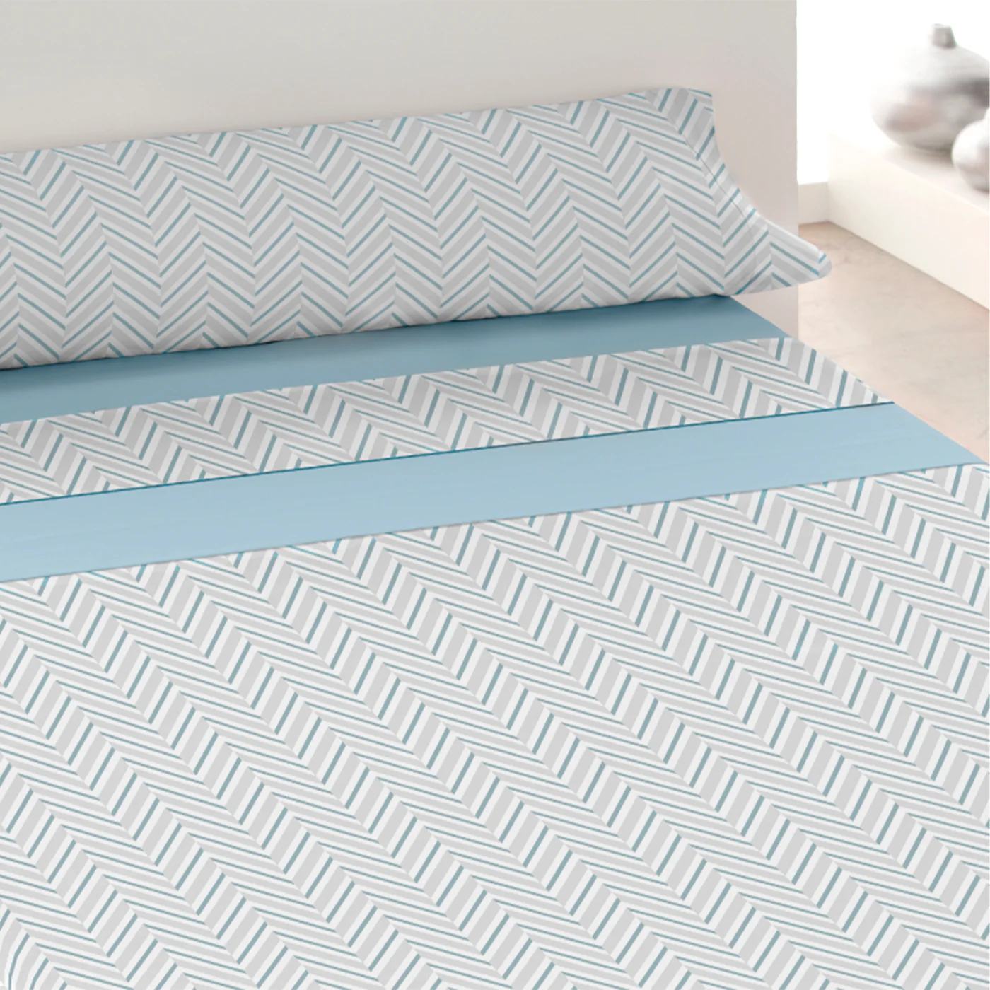 Juego Sábanas de Verano y Entretiempo 50% Algodón y 50% poliéster- Zig Zag Azul - Imagen 2