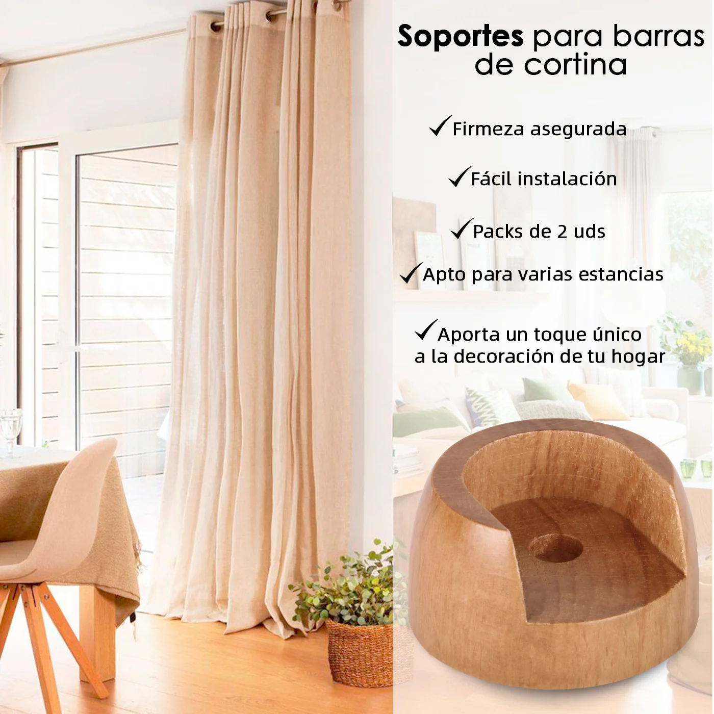 Soporte para Barra de Cortina Entre Paredes de Madera, 2unidades- Madera - Imagen 4