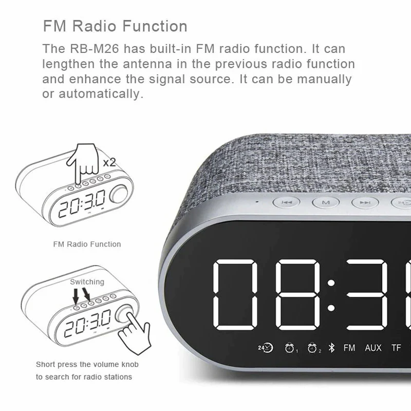 Altavoz Bluetooth RB-M26 Con Reloj Despertador y Radio FM, Altavoz Bluetooth Potente, Mano Libre, Puerto Para AUX/Tarjeta SD - Imagen 6