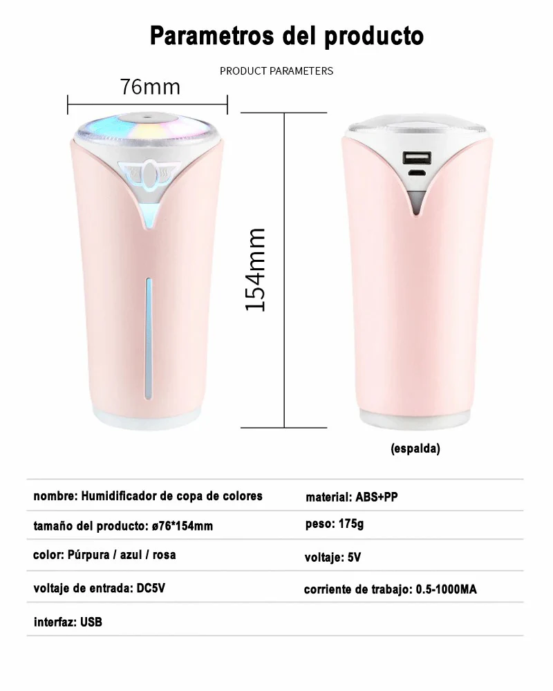 Humidificador Ultrasónico 280ml con Iluminación de Luz LED de 7 Colores, Humidificador de Aire Portátil de USB para Coche, Casa, Bebés - Imagen 9