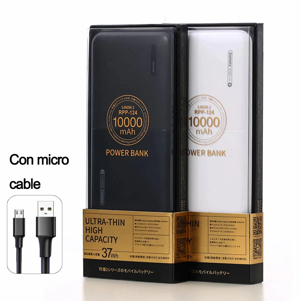 Powerbank REMAX RPP-124 10000mAh con Cable Batería Externa Salida Dual de 5V / 2.1A Carga Rápida para Móviles