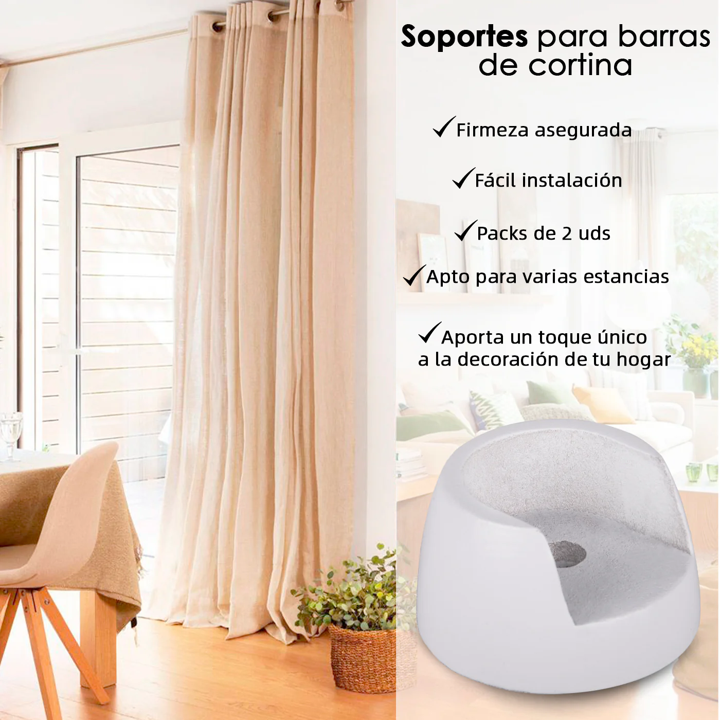 Soporte para Barra de Cortina Entre Paredes de Madera, 2unidades- Blanco - Imagen 4