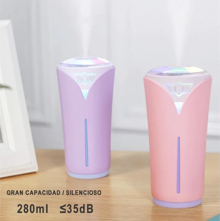 Humidificador Ultrasónico 280ml con Iluminación de Luz LED de 7 Colores, Humidificador de Aire Portátil de USB para Coche, Casa, Bebés - Imagen 2