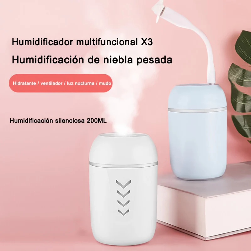 Humidificador Ambientador 200ML, Mini Humidificador Portátil para dormitorio, escritorio, mini lámpara y mini ventilador de USB incluido - Imagen 2
