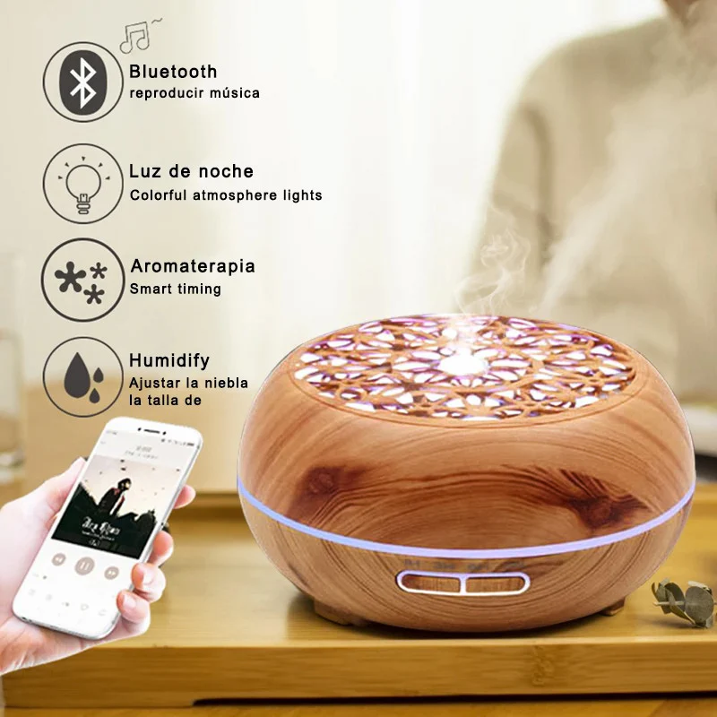 Difusor de aceite esencial de grano de madera, humidificador ultrasónico de aroma con altavoz Bluetooth incorporado - Imagen 2