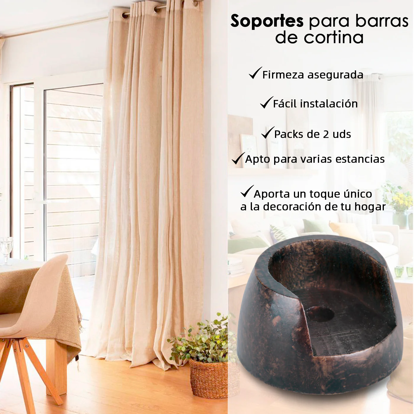 Soporte para Barra de Cortina Entre Paredes de Madera, 2unidades- Marrón - Imagen 4