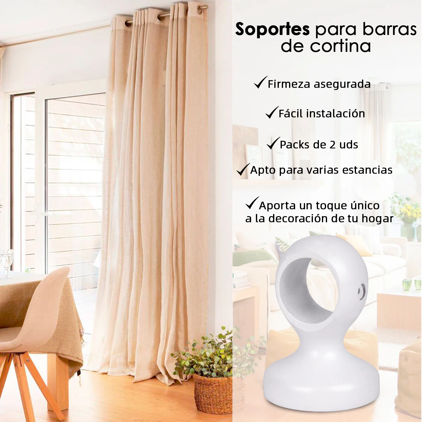 Pack de 2 Soportes Decorativos para Barra de Madera de Pared o Techo- Blanco - Imagen 5