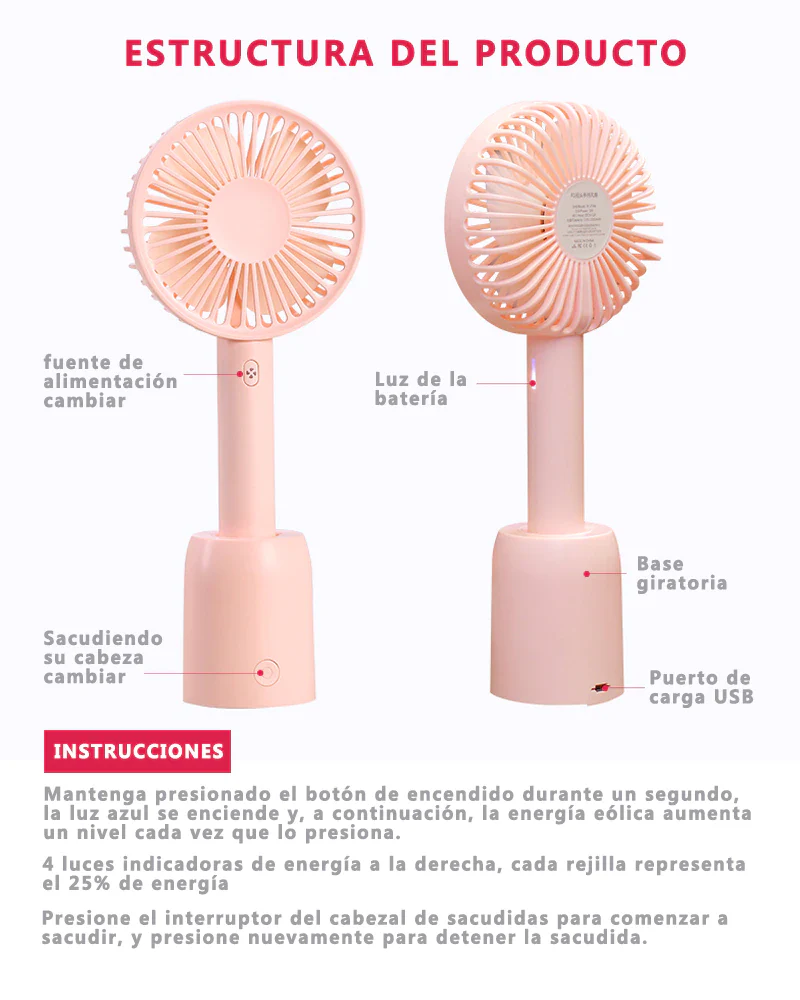 Ventilador Portátil, Mini Ventilador USB, Ventilador Recargable ajustable Rotación de 135° con base de carga extraíble - Imagen 3