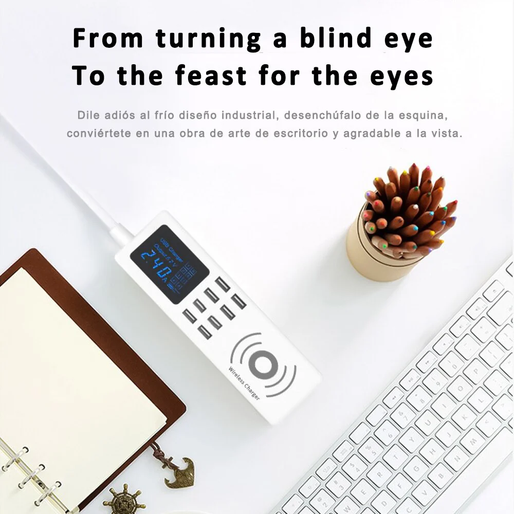 DG-F12Q Regleta Enchufe con Cargador Inalámbrico de 10W y 8 Puertos USB, Regleta USB con Carga Rápida QC3.0,con Pantalla Led,40W(Max) - Imagen 4