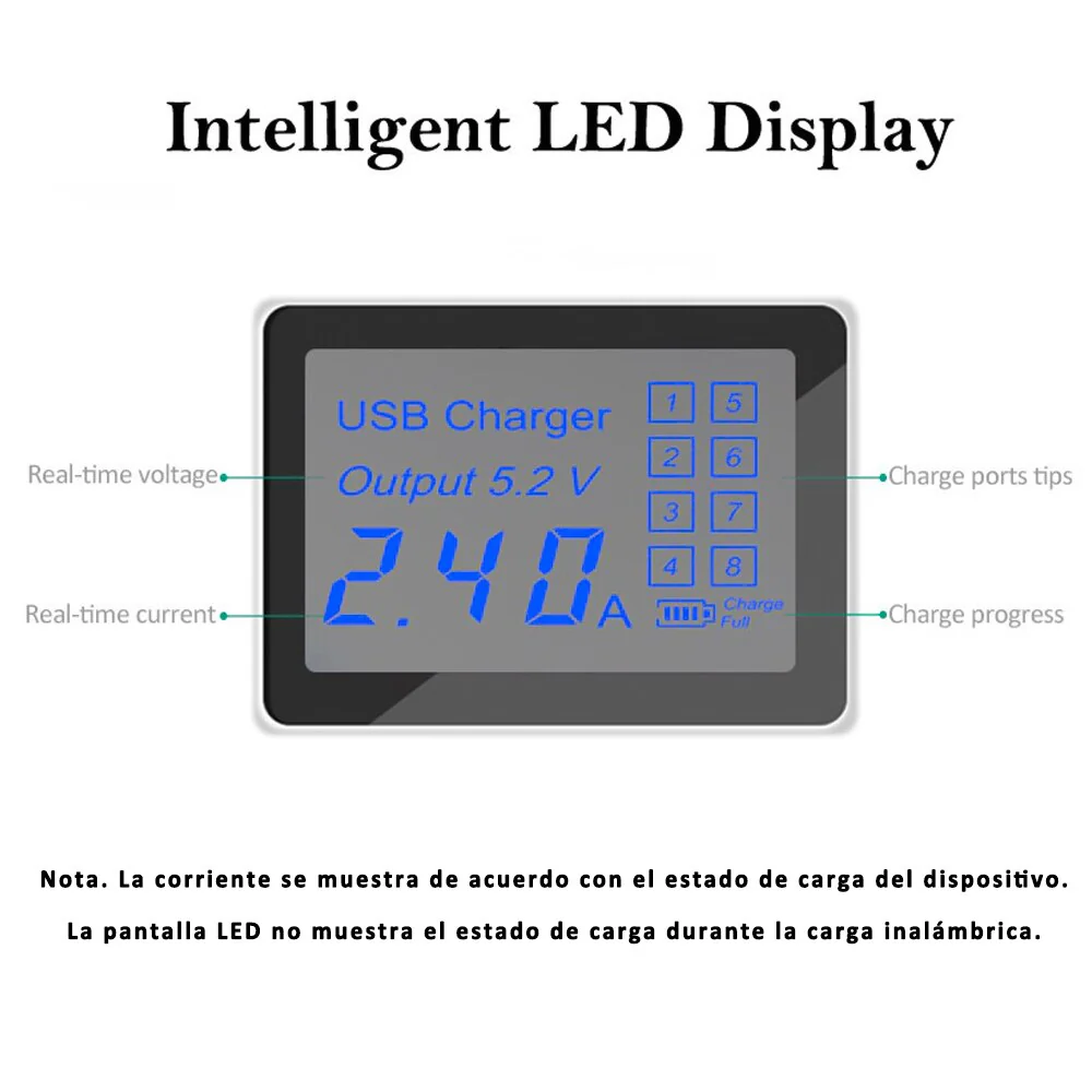 DG-F12Q Regleta Enchufe con Cargador Inalámbrico de 10W y 8 Puertos USB, Regleta USB con Carga Rápida QC3.0,con Pantalla Led,40W(Max) - Imagen 5