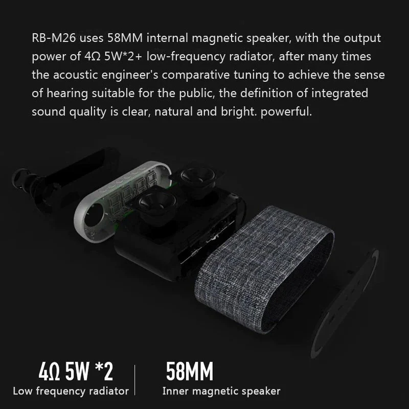 Altavoz Bluetooth RB-M26 Con Reloj Despertador y Radio FM, Altavoz Bluetooth Potente, Mano Libre, Puerto Para AUX/Tarjeta SD - Imagen 2