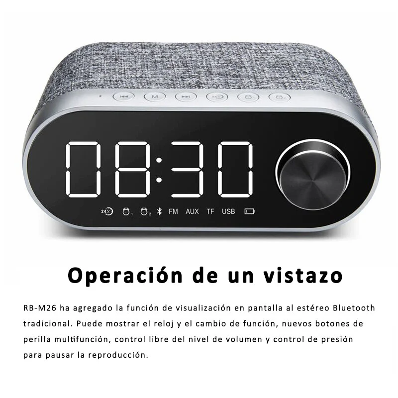 Altavoz Bluetooth RB-M26 Con Reloj Despertador y Radio FM, Altavoz Bluetooth Potente, Mano Libre, Puerto Para AUX/Tarjeta SD - Imagen 3