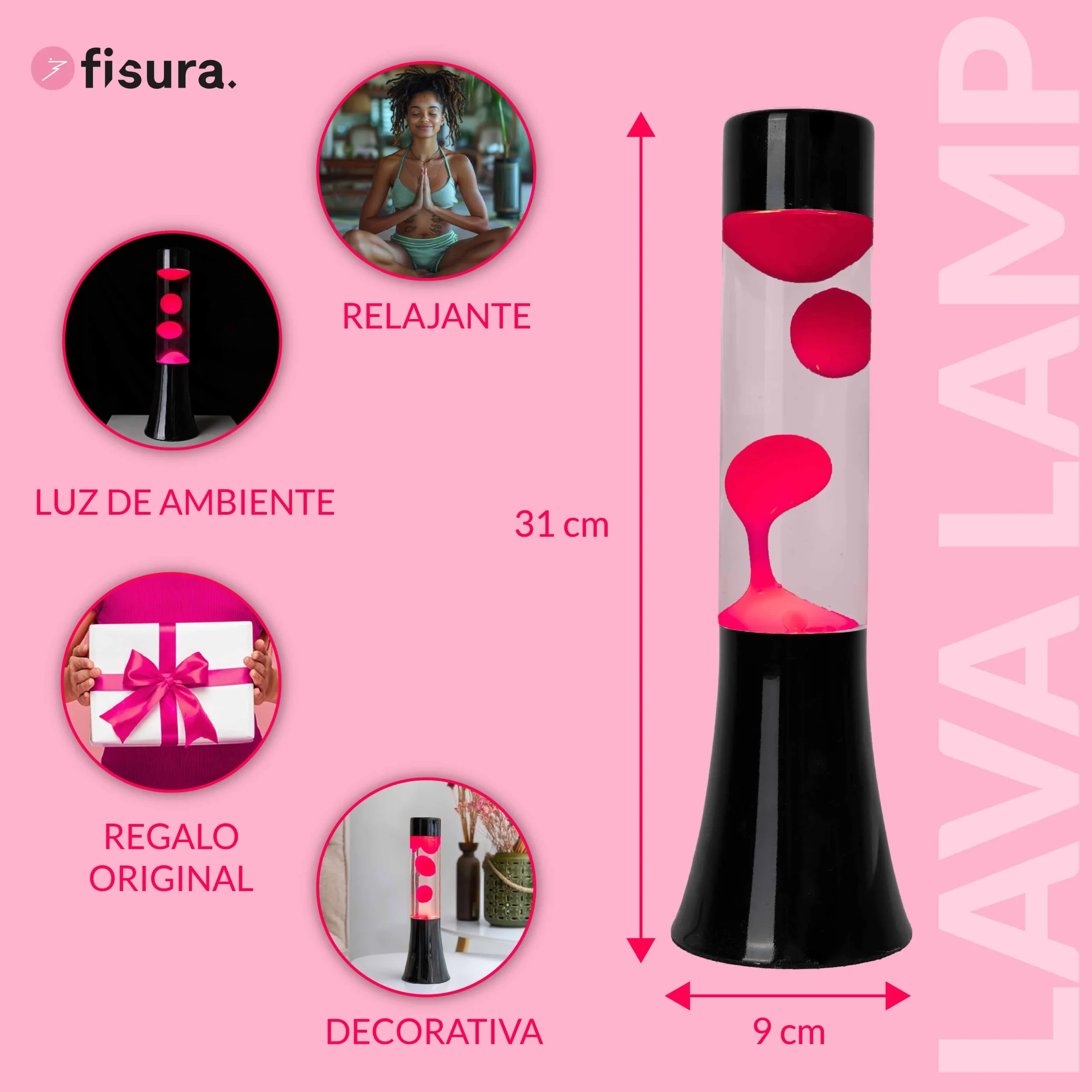 Lámpara de lava rosa de 30 cm con base negra - Imagen 2