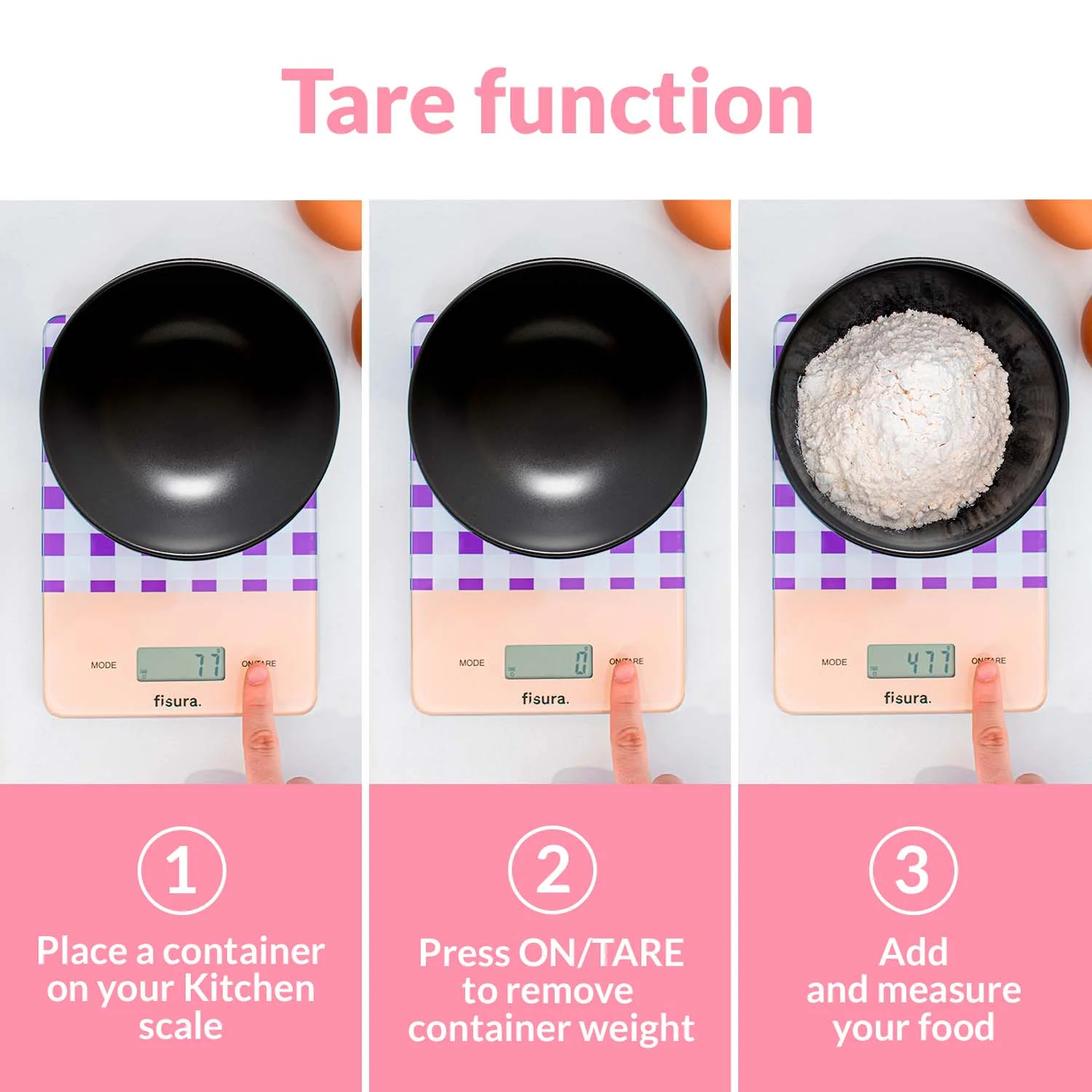 Báscula digital de cocina con estampado vichy morado - Imagen 3