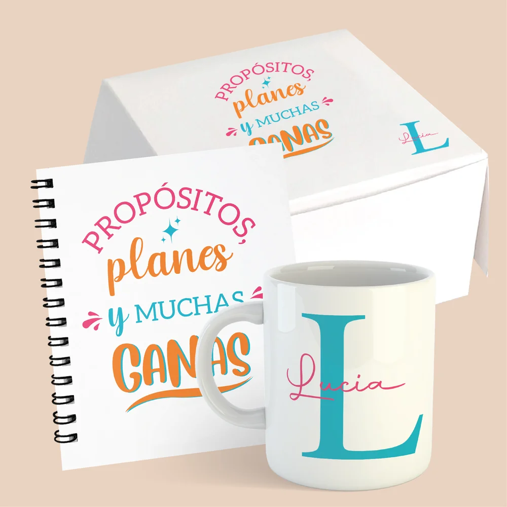 Kit de regalo personalizado agenda pasta dura 1/4 carta + taza
