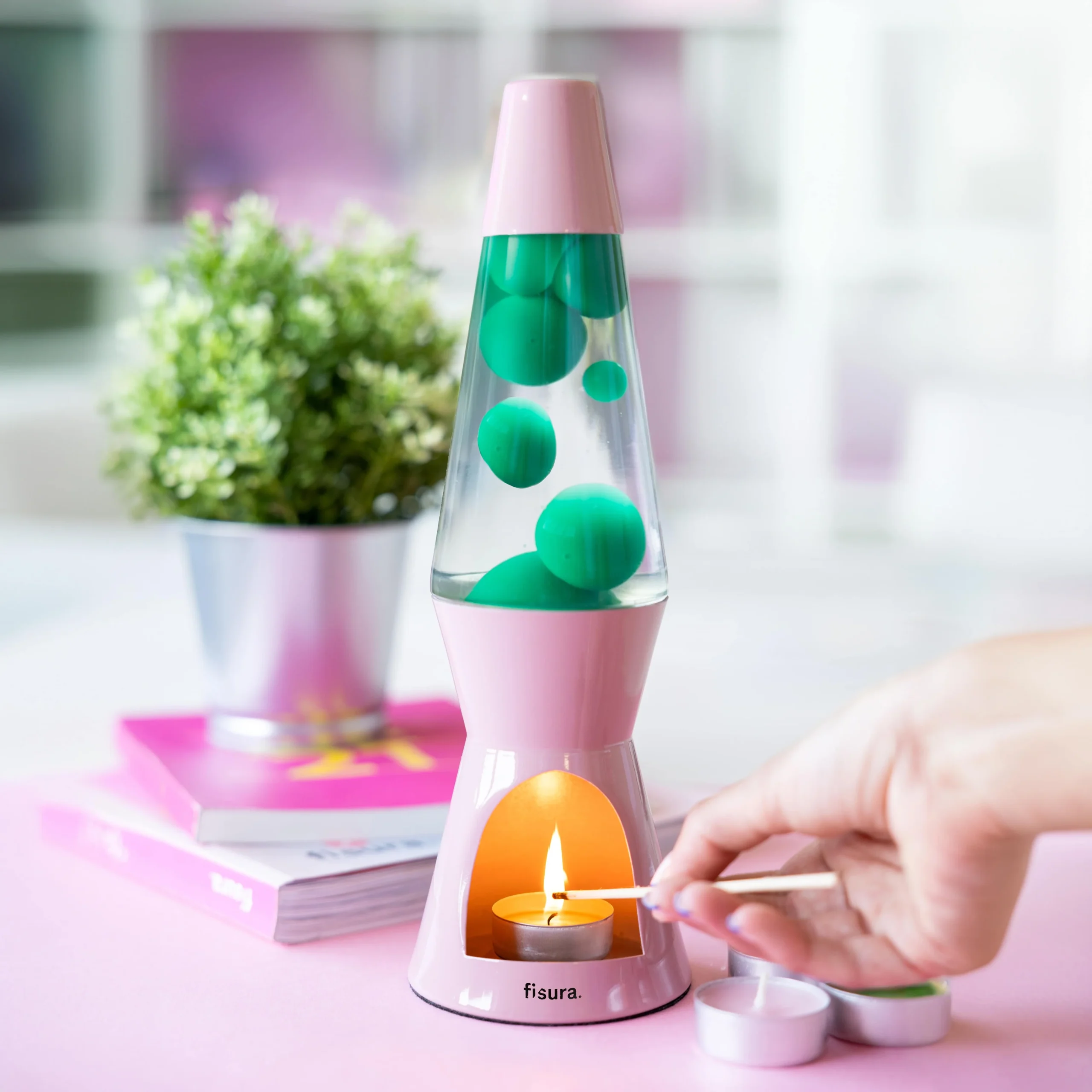 Lámpara de lava vela verde y rosa - Imagen 6