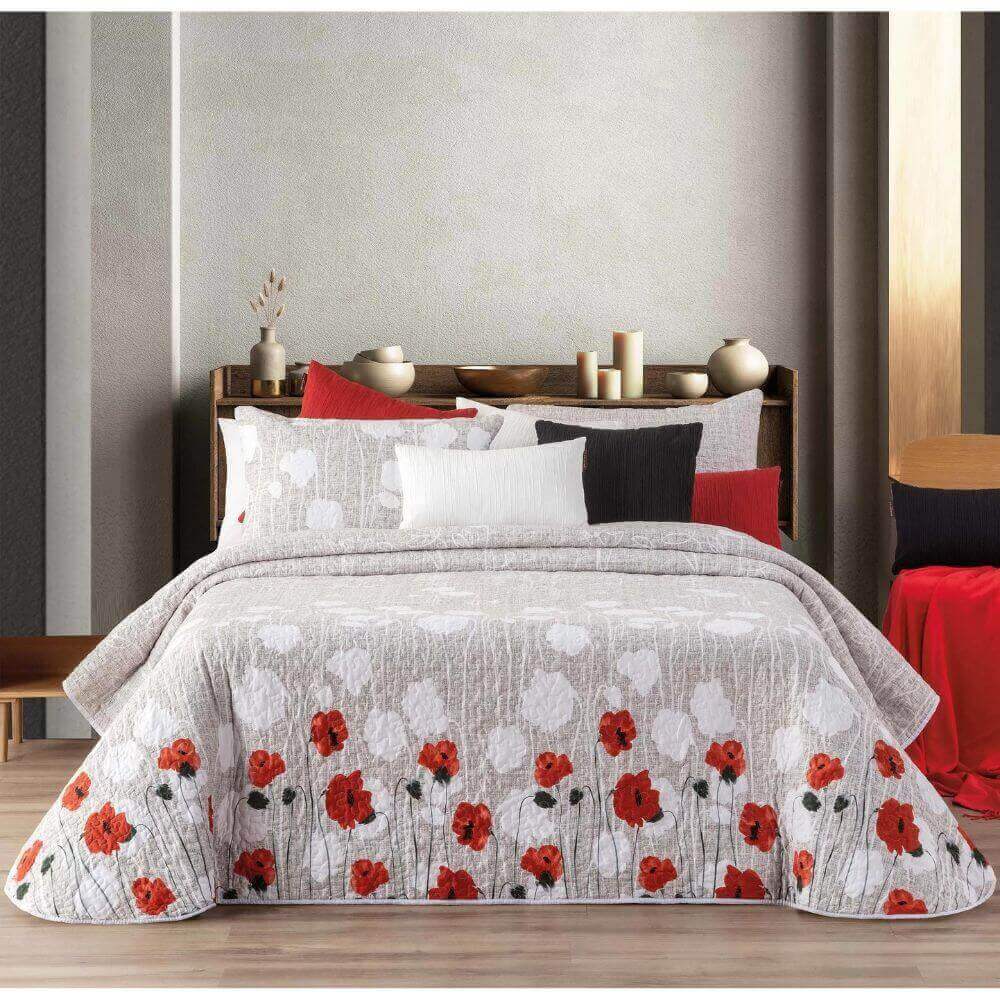 Manterol Colcha Cubrecamas Boutí Reversible Floral y Jaspeado Amapola 240 c.07 + Fundas de Cojín (Cama 150/160 cm)